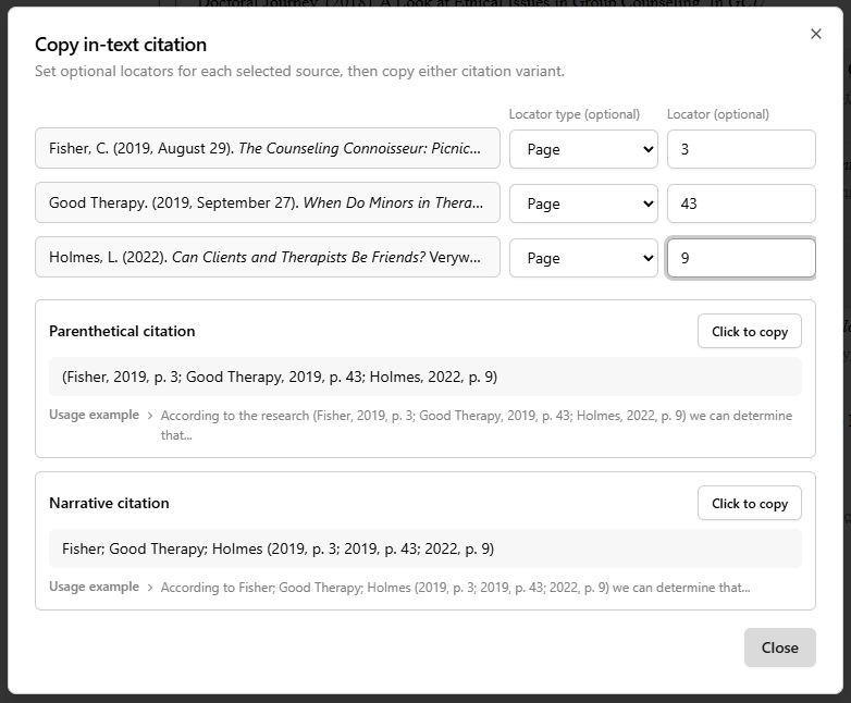 Dialog showing multiple in-text citations